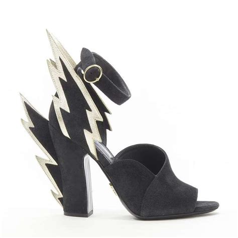 prada lightning bolt heels gold|PRADA 2019 Lightning Bolt black suede metallic gold chunky .